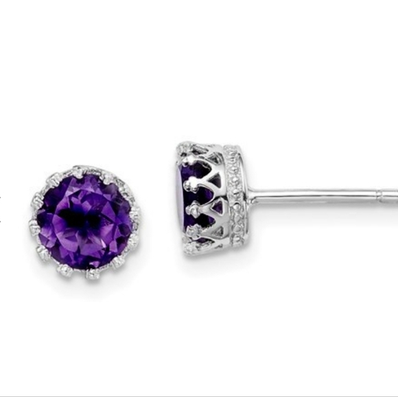 The Jewelry Vine Other - Jewelry Vine Amethyst Crown Stud Earrings in Rhodium Plated Sterling Silver
